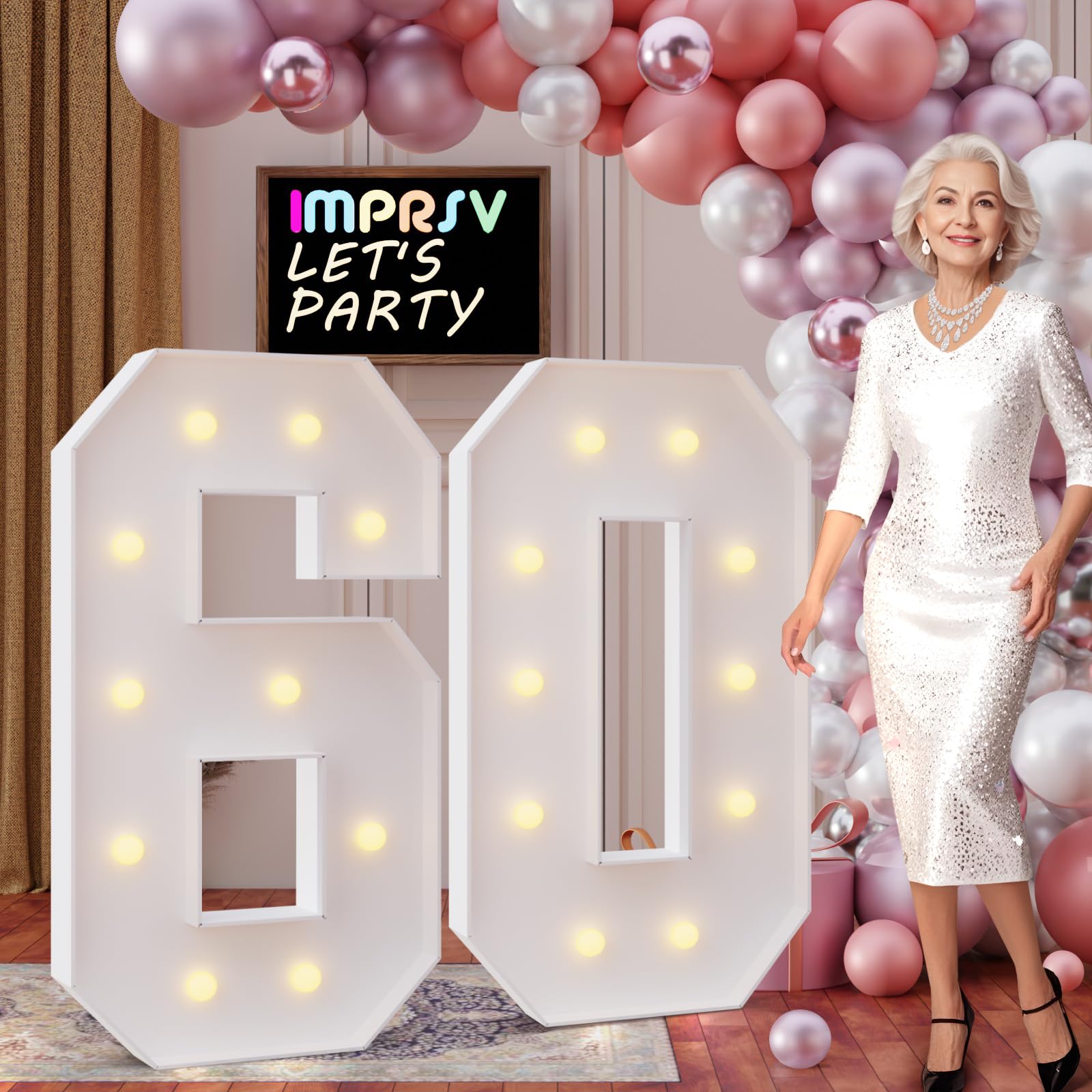 imprsv 4FT Marquee Numbers 60,DIY Light Up Numbers for 60th Birthday Decorations, Party Decorations,Anniversary Party Decor,Mosaic Number for Balloons