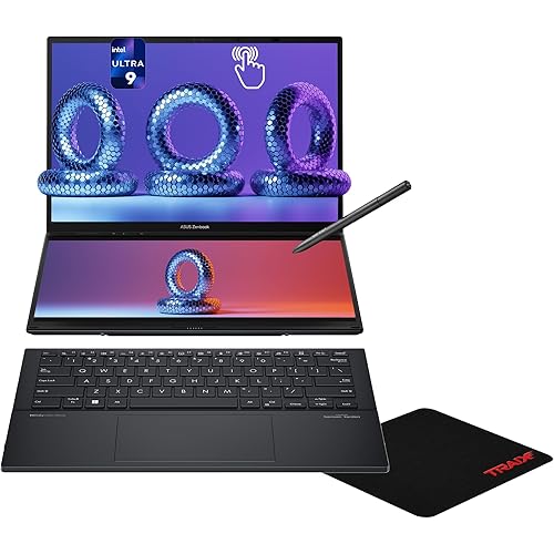 ASUS Zenbook Duo Dual Laptop, Intel Ultra 9-185H, 16 GB LPDDR5X RAM, 4 TB PCIe SSD, 14'' WUXGA (1980x1200) OLED Touchscreen, Intel Arc Graphics, Soft Keyboard, W11 Home, Inkwell Gray + Traix Mousepad
