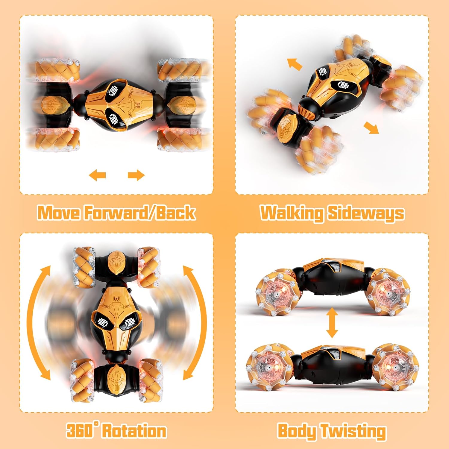 Gesture Sensing RC Car Hand Controlled Remote Control LED Car Toys for Kids 8-12 Years Old, 2.4GHz 4WD Double Sided 360° Flips Off Road Vehicle Toys w/Lights&Music, Boys Grils Brithday Gift