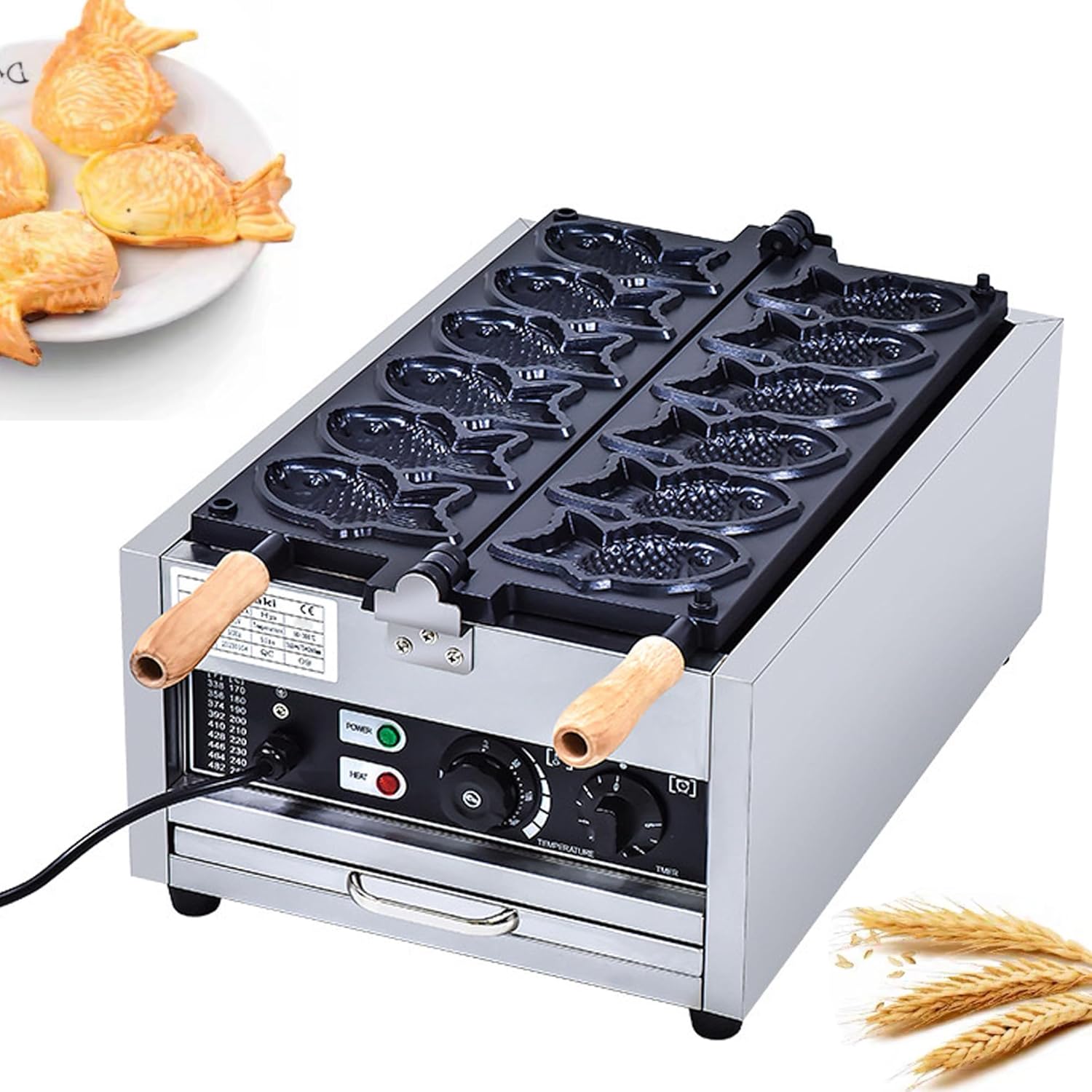 COOKLEE たい焼き器 鯛焼きメーカー 電動鯛焼き機 電気たい焼き機 電気加熱たい焼き焙煎機 電気加熱鯛型ベーキングマシン 6枚