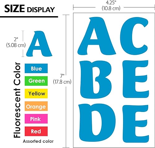 BAZIC Calcomanías de números del alfabeto, 6 colores neón, 2 pulgadas de la A a la Z, 0 a 9, autoadhesivas, grandes, para etiquetado de cartulina de