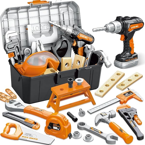 OCHIDO Kids Tool Set with Portable Tool Box & Electronic Toy Drill, Tool kit for Christmas & Birthday Gifts for Girls