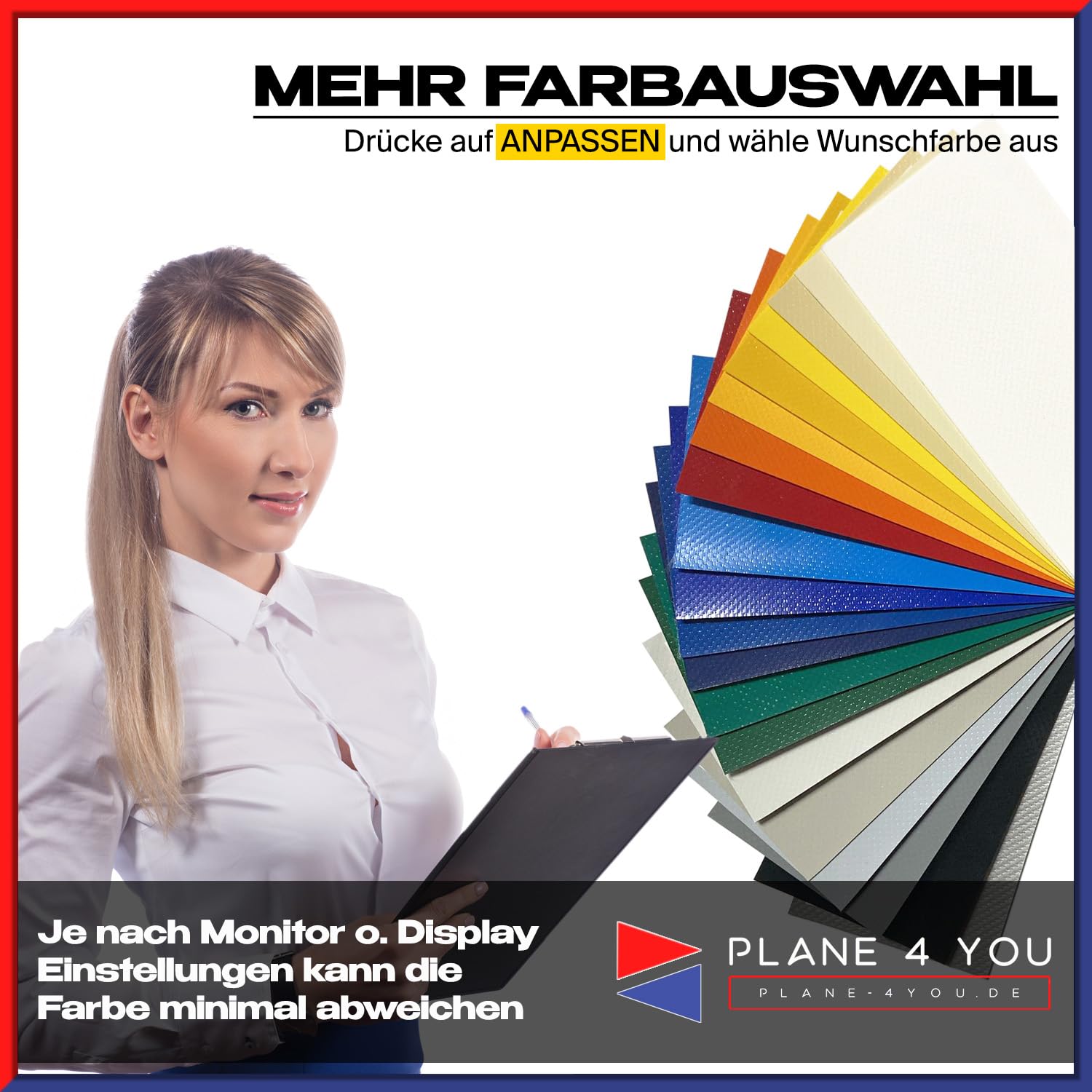 Abdeckplane nach Maß I Breite bis 2,40 m x Länge bis 17m I mit Ösen Ø 10mm und Abstand je 25cm I PVC LKW Plane in 15 Farben auf Wunschmaß I Gewebeplane I Sonnensegel I Tarp I mit Randverstärkung