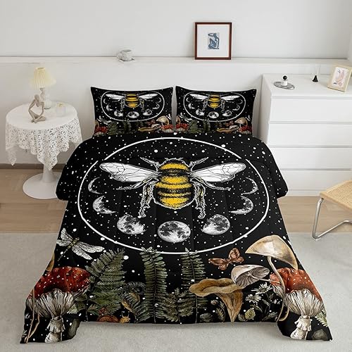 Erosebridal Juego de edredón de abeja de miel, tamaño Queen, ropa de cama de fase lunar con purpurina y estrellas, juego de ropa de cama y