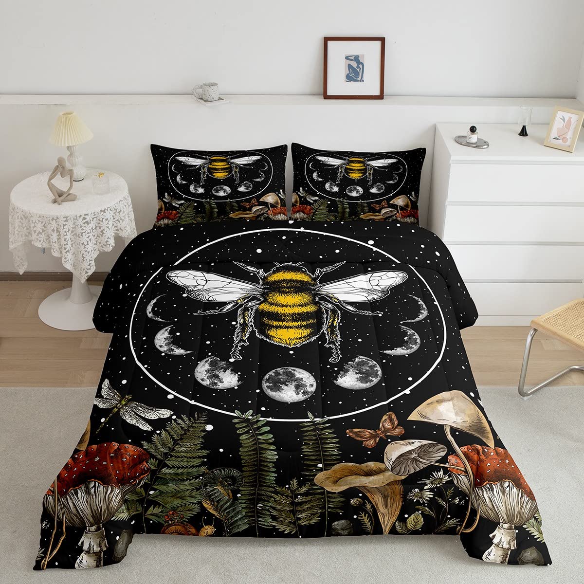 Erosebridal Honey Bee Comforter Set Queen Size Moon Phase Bedding Glitter Stars Bedding Sets & Collections Trippy Cosmos Decor Down Comforter Girls Dragonfly Butterfly Bed Sets for Teens Bedroom 3pcs