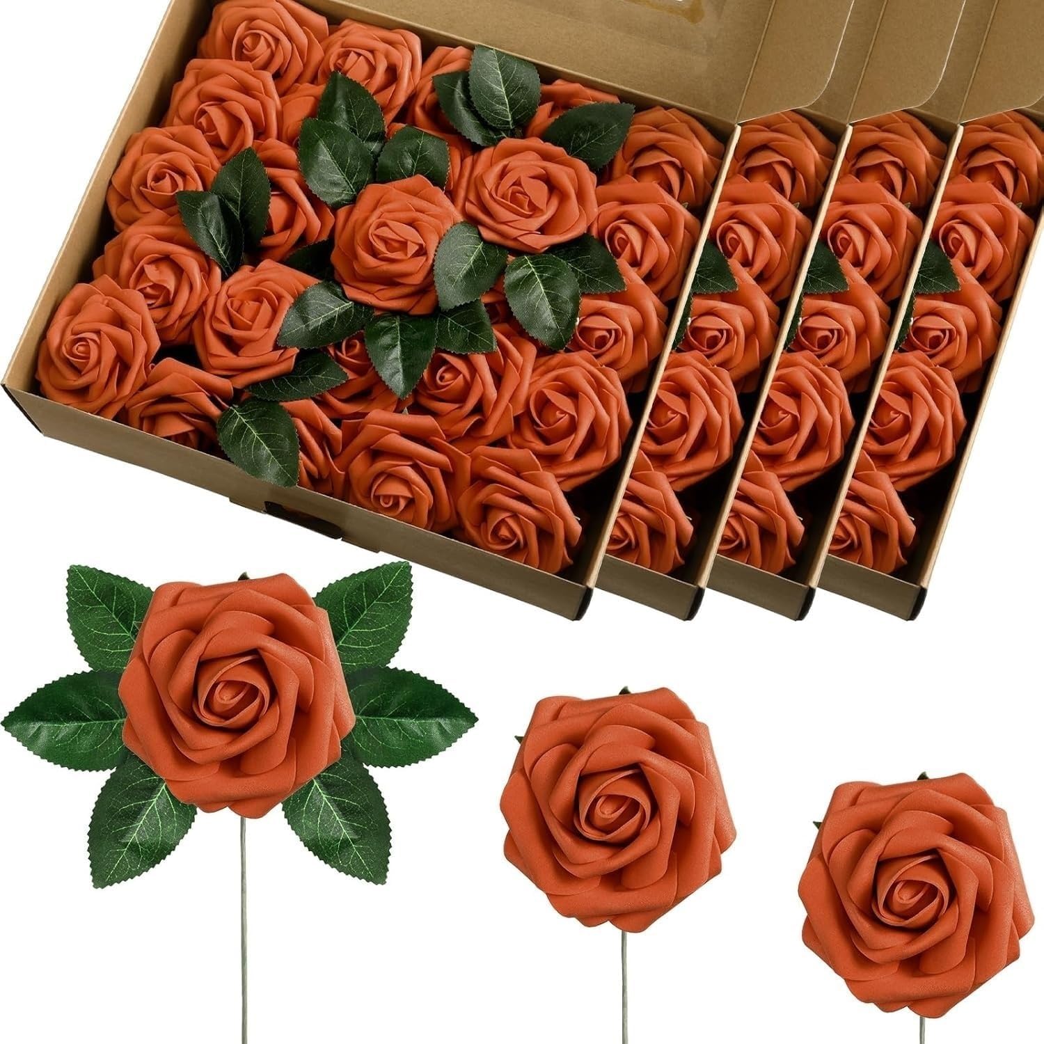 100 PCS Elegant Artificial Roses,Artificial Flowers, Faux Flowers Bouquet with Leaves Stems for DIY Wedding Centerpieces Party Home Decor(Orange)