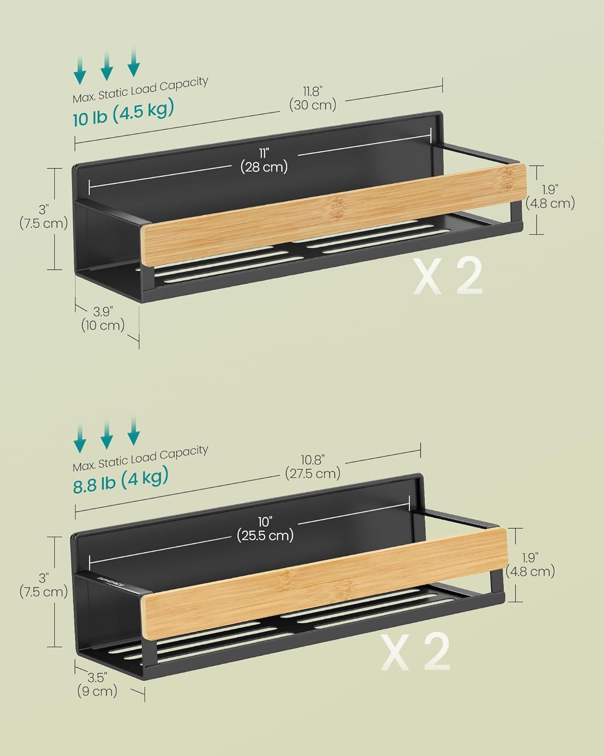 SONGMICS Magnetic Spice Rack for Refrigerator, 4 Pack, 2 Large and 2 Small Kitchen Magnetic Shelves for Washing Machine, Spice Organizers, No Drilling Needed, Ink Black and Light Bamboo UKCS062BH01 - Image 6