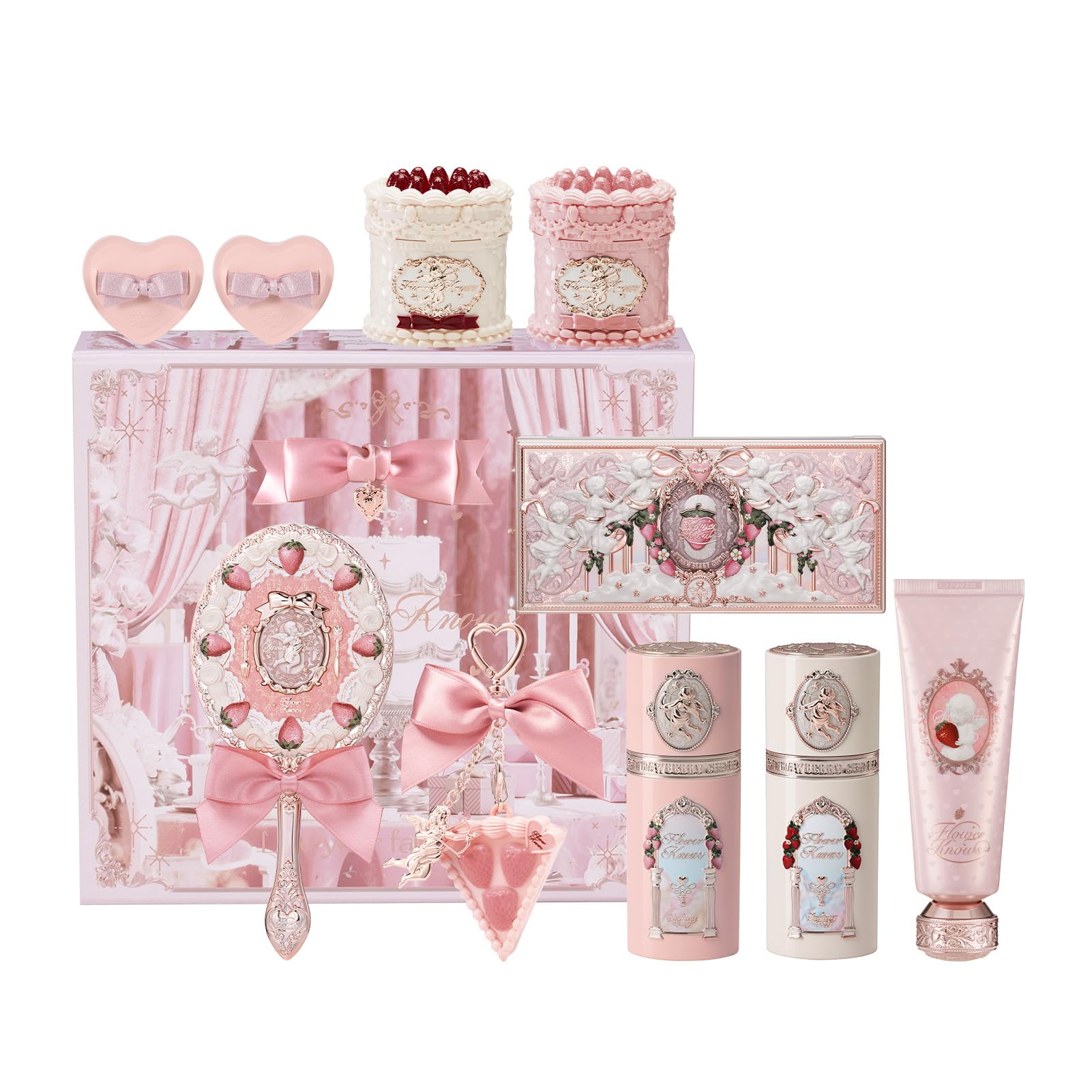 Cake Charm Set,Strawberry Cupid 12-Piece Makeup Gift Box Set,Lip Cream+Liquid Blush+Makeup Palette+Hand Mirror+Solid Perfume+Hair Clip+Cushion Powder Puff+Eyeshadow Brush+Gift Box