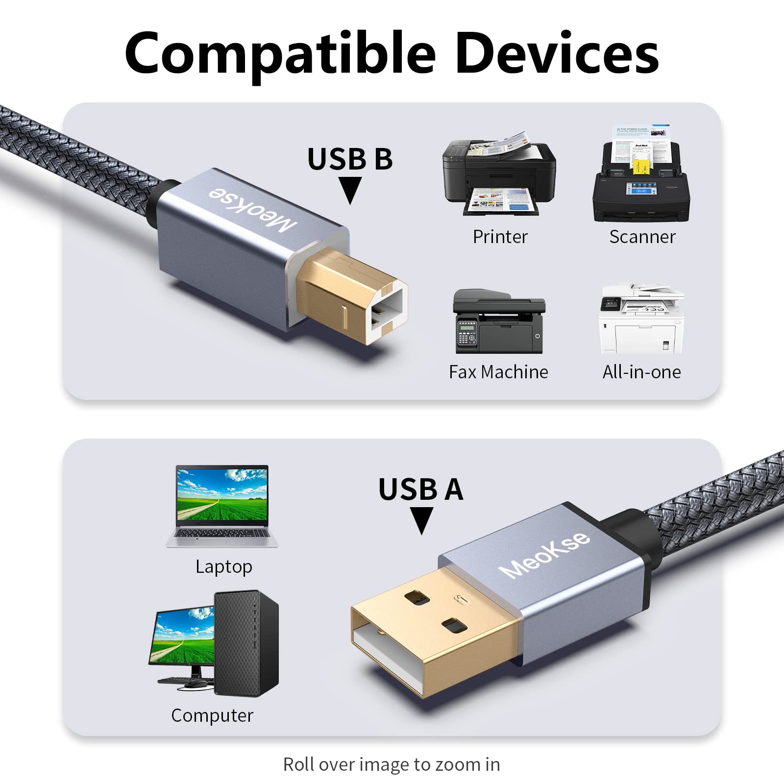 Meokse Cavo per stampante USB 2.0 da tipo A maschio a B maschio, ad alta velocità, compatibile con HP, Canon, Dell, Epson, Lexmark, Xerox, Samsung e altri
