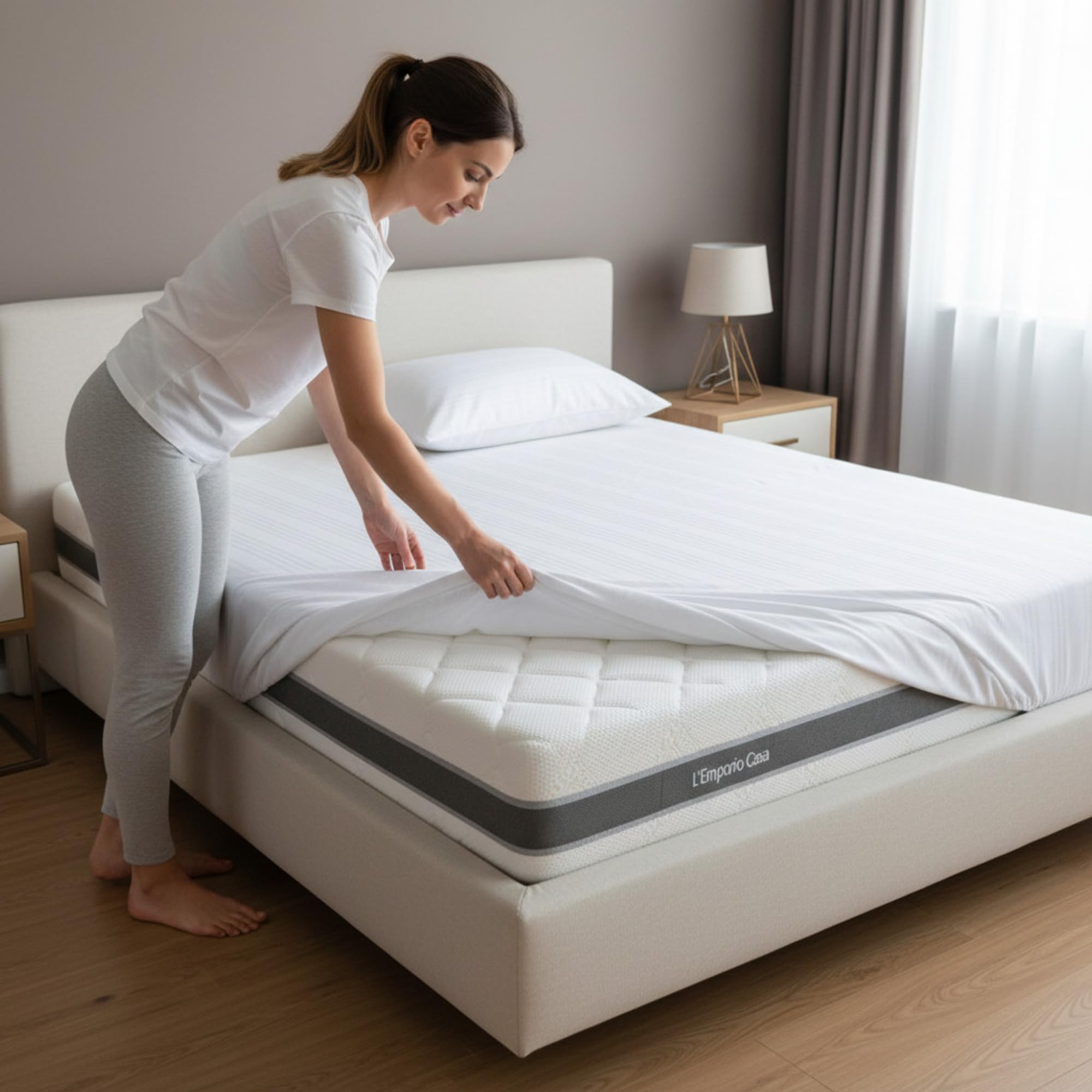 L'Emporio Casa Coprimaterasso in Cotone 100%, Bianco, Anallergico, con Angoli Elasticizzati, Traspirante - Disponibile in Varie Misure (Matrimoniale 175x200+25)