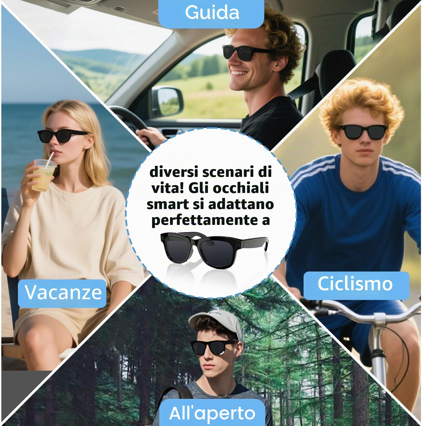 Occhiali intelligenti AI con ChatGPT e fotocamera da 8 MP | Registrazione video HD, occhiali da sole con traduzione in tempo reale, controllo musicale e vocale, stabilizzazione EIS | Occhiali