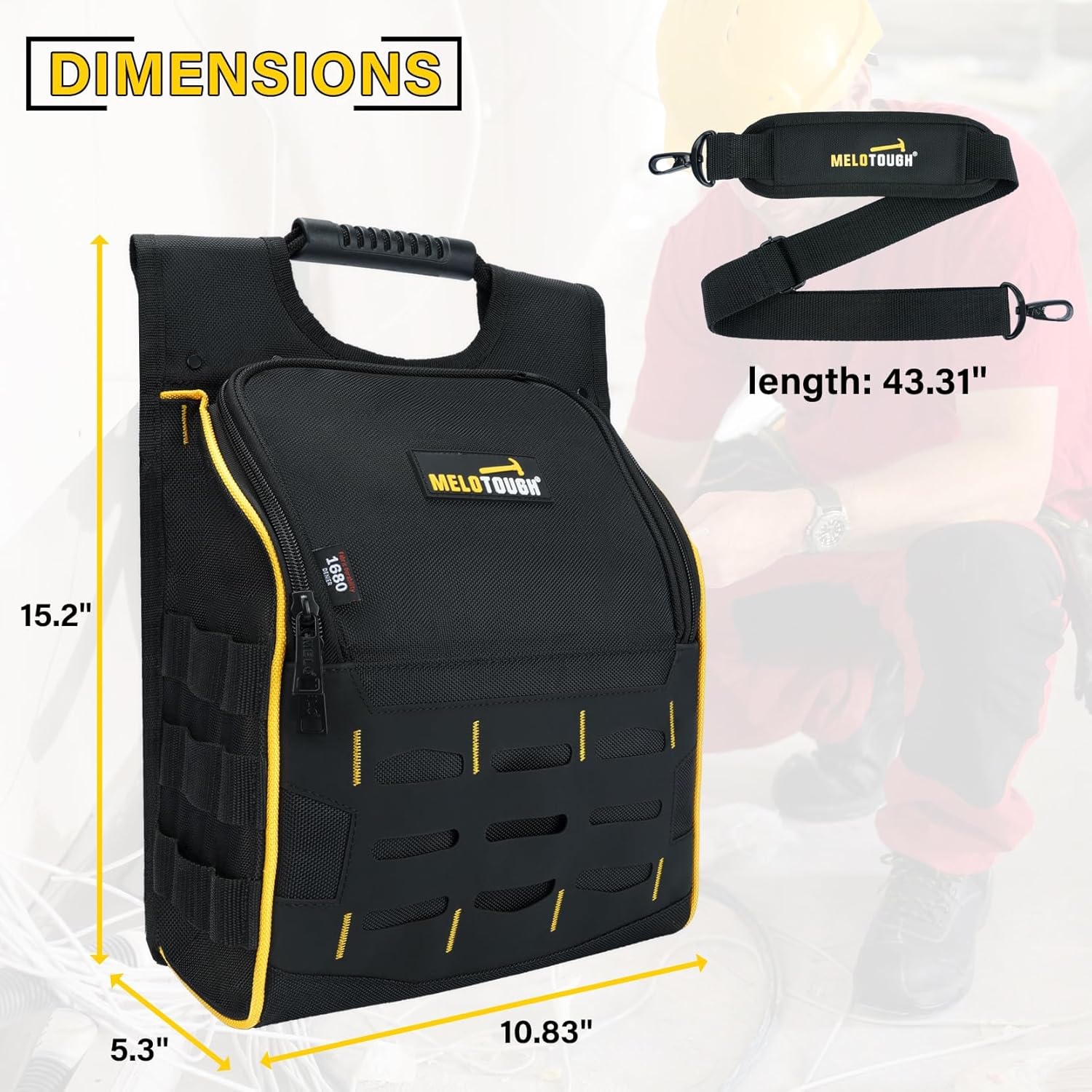 MELOTOUGH Electrician Tool Pouch with Shoulder Strap, Zippered Flip Cover Tool Pouch Bag with Multiple Storage Pockets for Electricians, Technicians, Maintenance (Grey + Yellow)