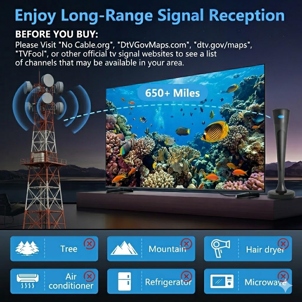 Antena de TV interior mejorada 2026 para Smart TV, recepción de 360°, antena digital con base magnética y amplificador de señal, soporta canales locales libres 4K HD, fácil configuración para