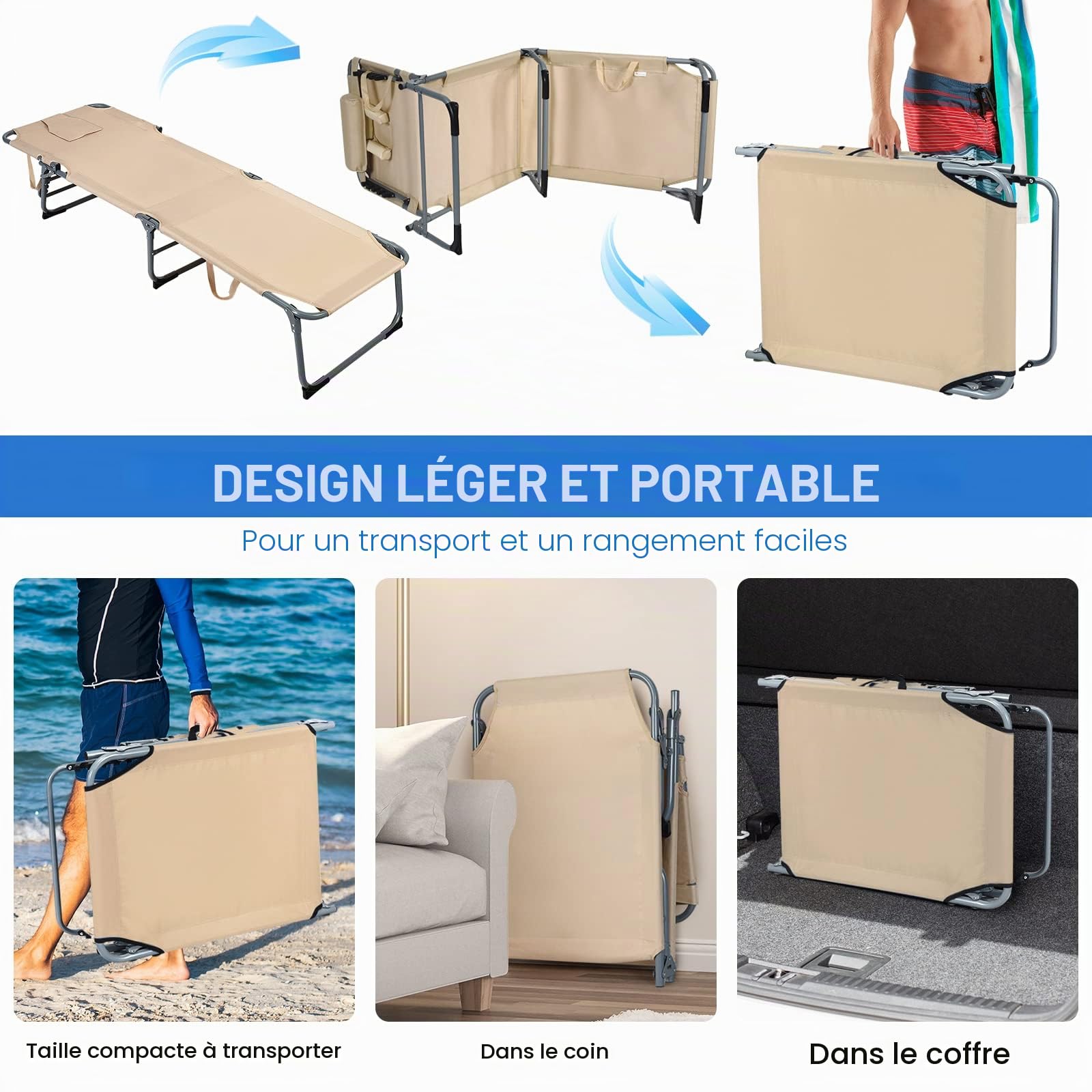GIANTEX Chaise Longue Pliante avec Trou de Lecture, Transat Bain de Soleil Inclinable Ergonomie Oreiller Amovible 5 Positions Réglables, Transat de Jardin pour Jardin, Piscine, Terrasse (Beige)