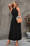 PRETTYGARDEN Women's Summer Floral Maxi Sun Dress Sleeveless Halter Neck Flowy Ruffle Hem Long Boho Dresses with Belt