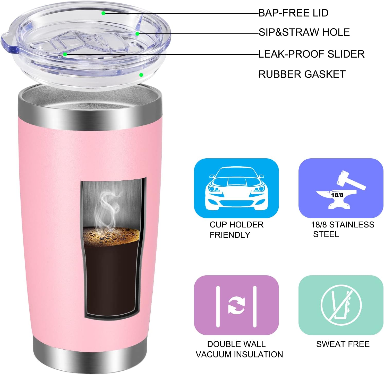 VEGOND 20oz Tumbler with Lid and Straw Stainless Steel Tumbler Cup Bulk Vacuum Insulated Double Wall Travel Coffee Mug Powder Coated Coffee Cup(Pink 12 Pack - Image 2