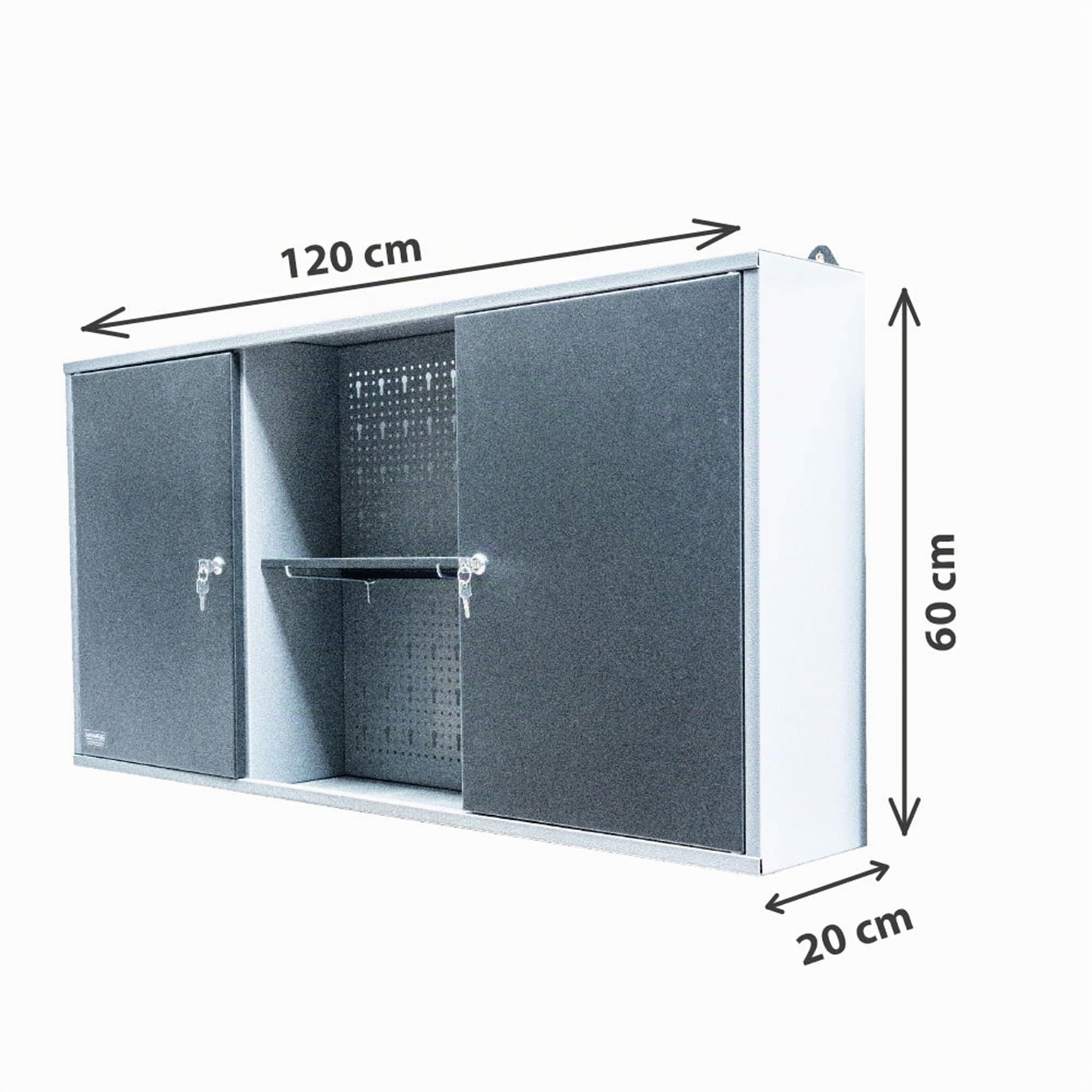 Germania Werkzeug-Wandschrank Premium - doppeltürig aus Metall – 120 x 60 x 20 cm – höhenverstellbare Regalböden – Lochwand, Werkzeugwand, Werkstattschrank - hängend - abschließbar