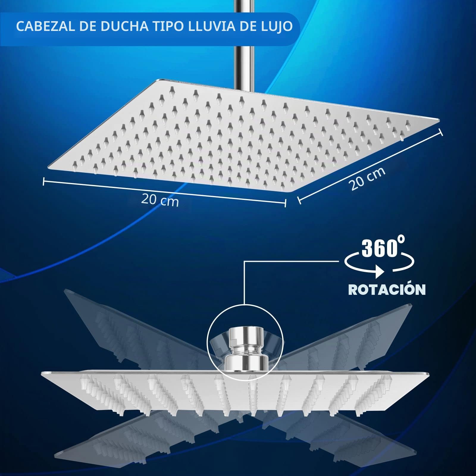 Cabezal de Ducha Lluvia de 20cm, Voolan Cabezal de Ducha Cuadrado de Alta Presión de Acero Inoxidable 304 Ducha Cómoda a Baja Presión de Agua Instalación en Pared o Techo (Cromo)