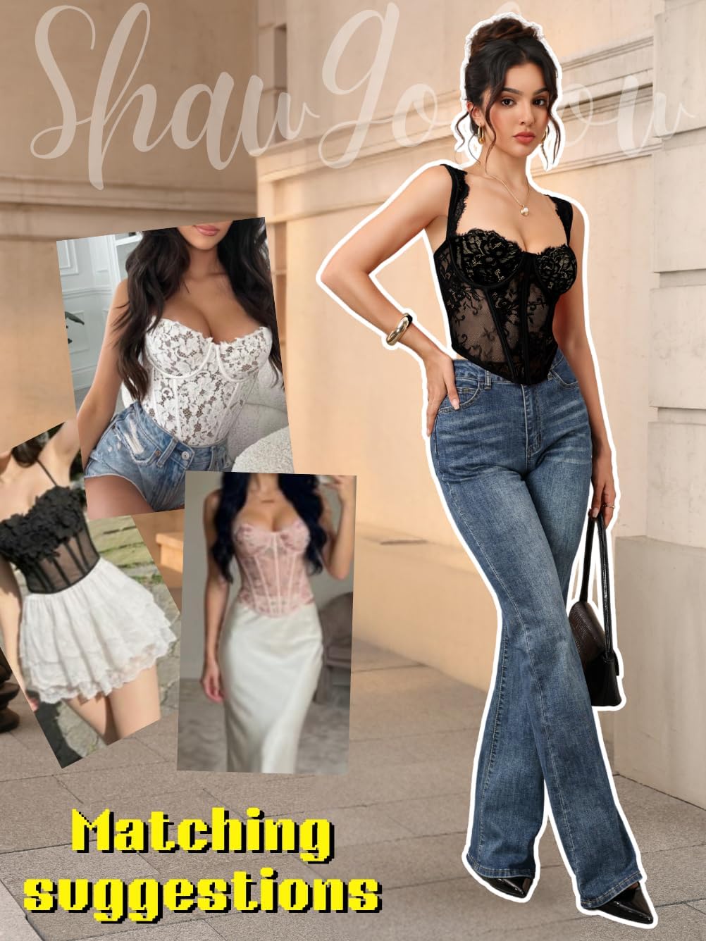 ShawGobow Womens Sexy Floral Lace Corset Tops With Straps