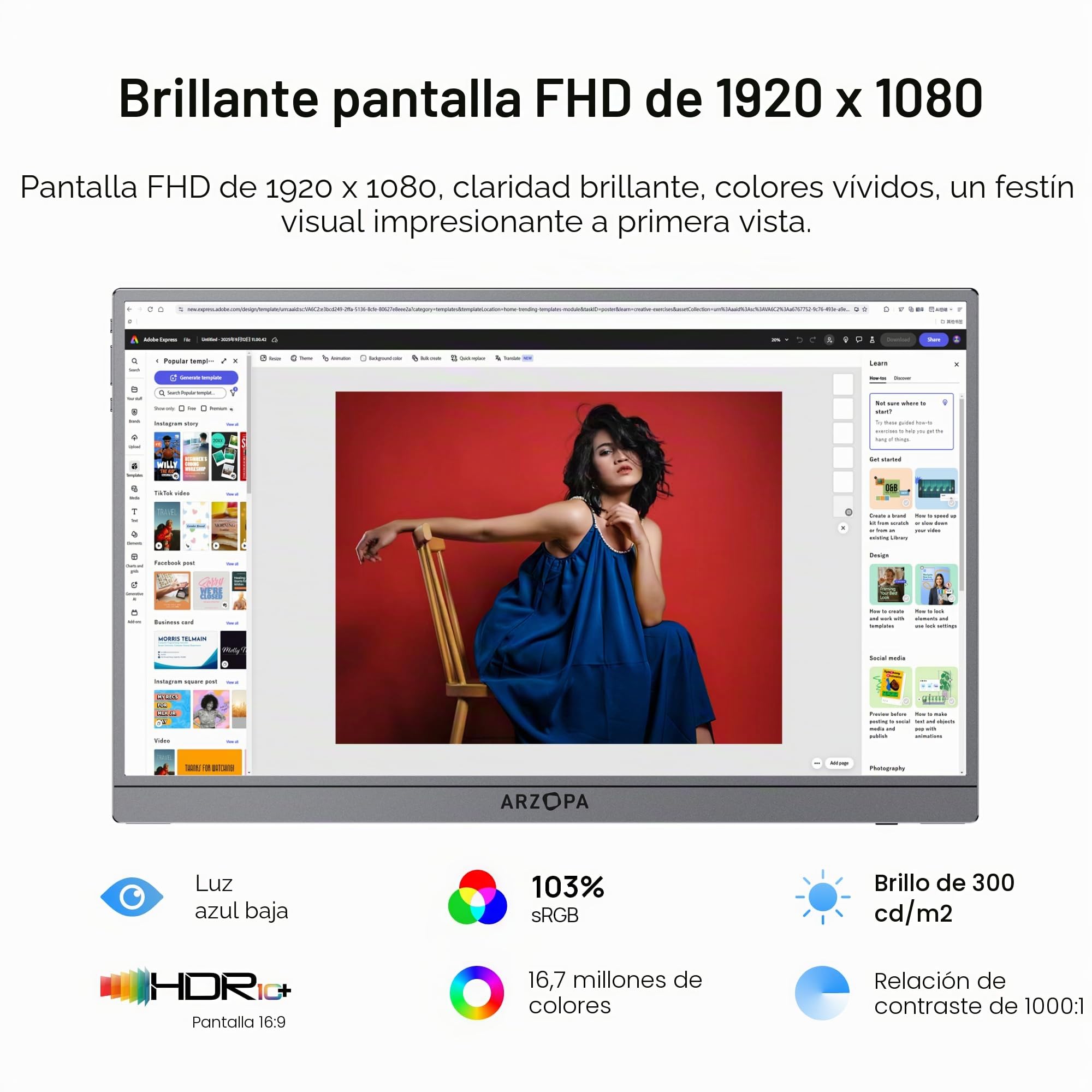 ARZOPA Monitor Portátil 17,3 Pulgadas, Pantalla IPS FHD 1080P USB-C con Soporte Integrado, 103% sRGB, HDR10, Diseño Gris Metálico Ultrafino para Portátil, Mac, PC, Móvil, PS5, Xbox y Switch - Z1C Plus