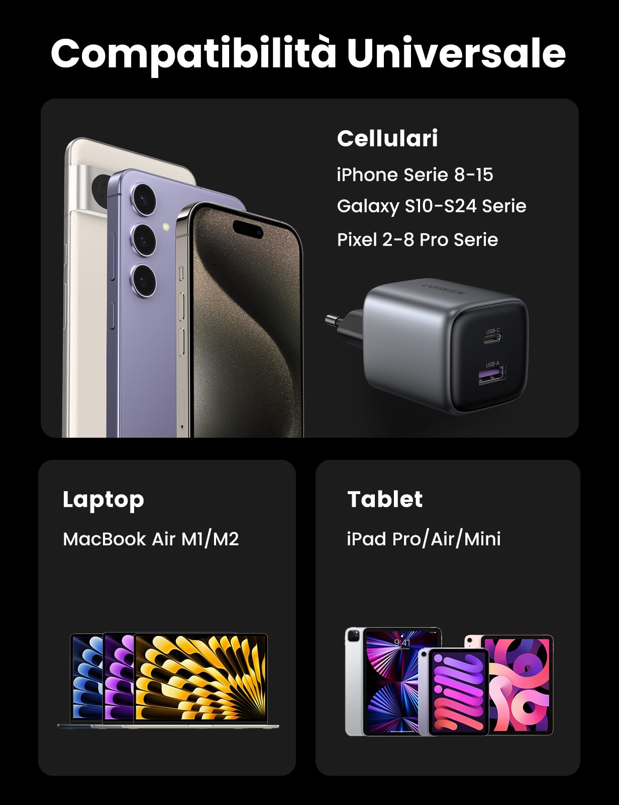 UGREEN Nexode 35W Caricatore USB C GaN, Caricabatterie Type A 22.5W Compatibile con Galaxy S24 Ultra/ S23/ S22 Plus/ S21, Pixel 8 7 6, iPhone 16/15/14/13, iPad Pro/Air/Mini, MacBook M2 Nero