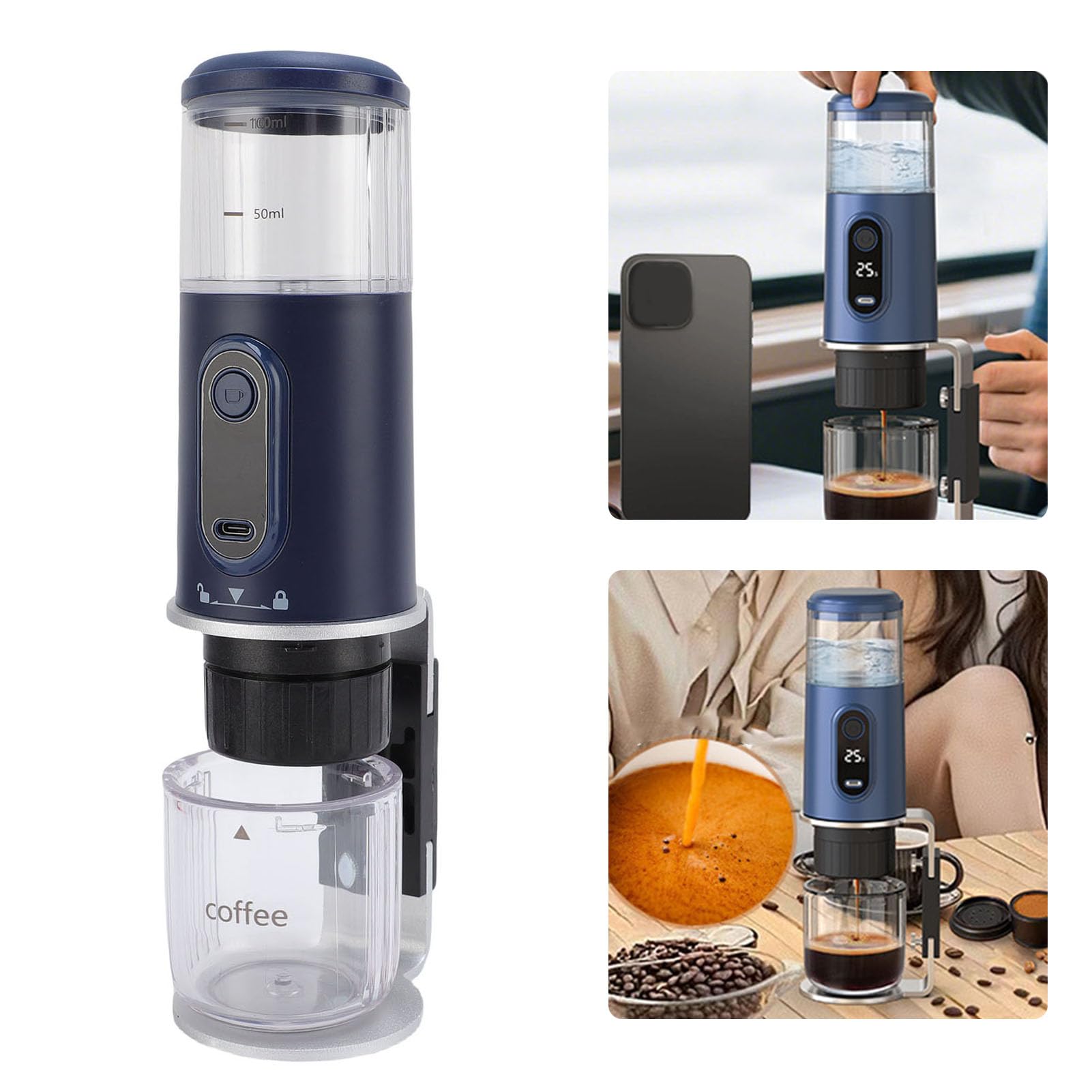 Cocoarm Macchina da caffè Portatile, Caffettiera da Viaggio in ABS con Batteria Ricaricabile da 2500 MAh, Compatibile con Capsule e caffè Macinato, Serbatoio da 100 Ml per Campeggio, Auto, (blu navy)