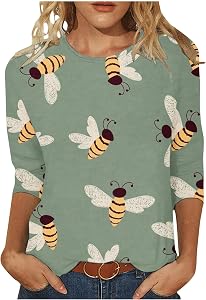 oelaio Sale Womens V Neck Short Sleeve Tunics Cute Honey Bee Honeycombs Honey Insect Print Flowy Shirt Tops Loose Fit