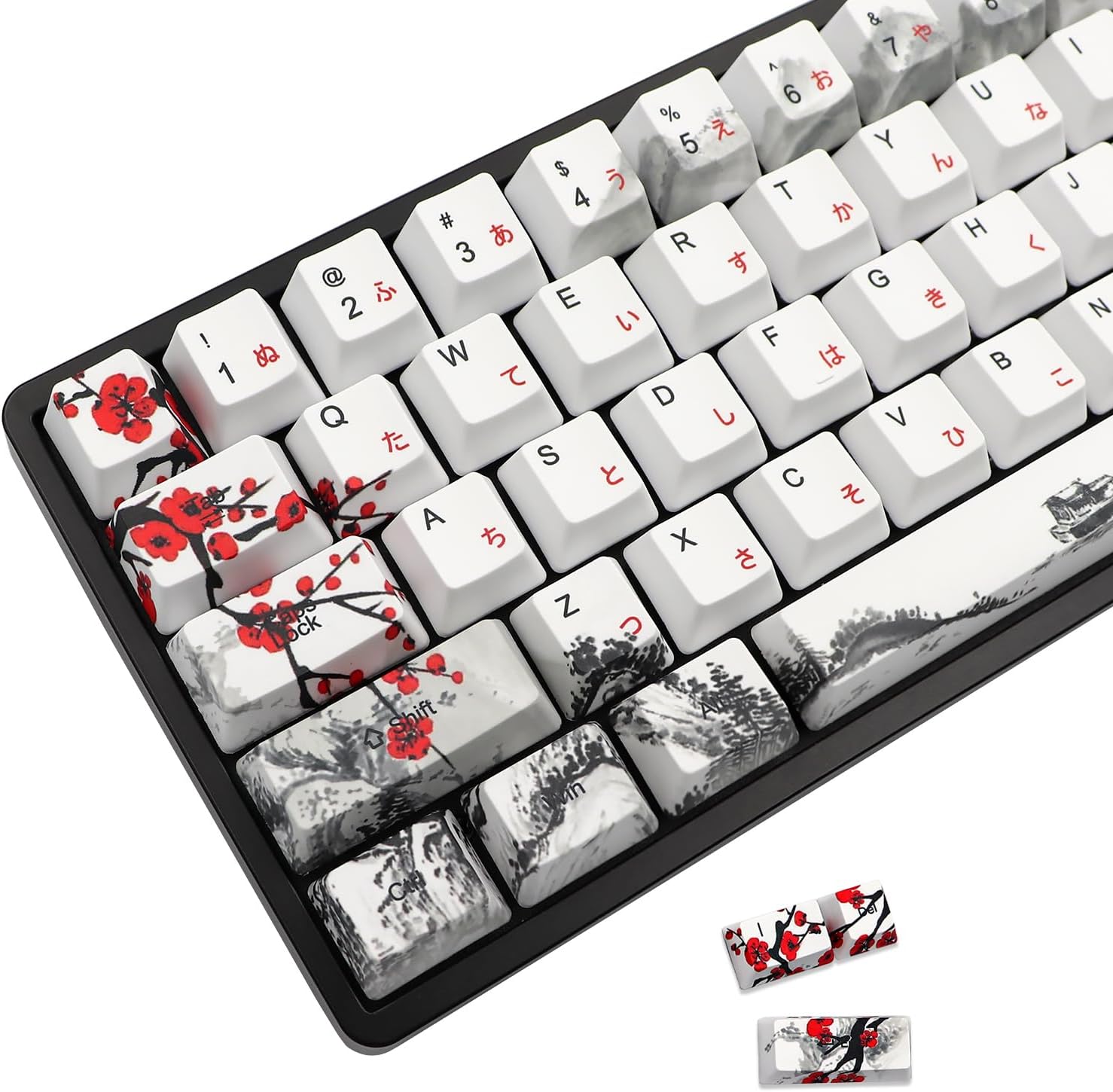 JSJT Keycaps 65 Percent- Plum Blossom Keycap Set OEM Profile Japanese Keycaps PBT Custom Key Caps, Suitable for Cherry MX Switches GK68/RK68 Mechanical Keyboards