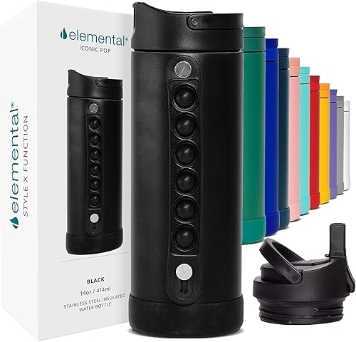 Elemental - Botella de agua Iconic aislada para niños con tapa de popote y asa antiestrés con pop-it, a prueba de fugas, botella de agua de acero