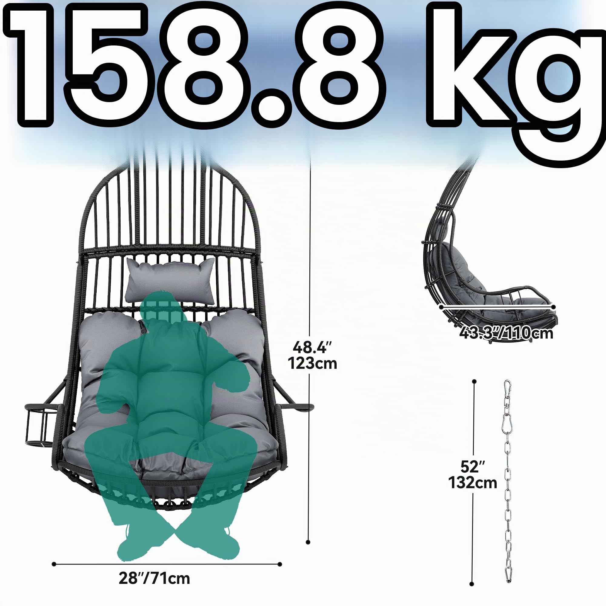 YITAHOME Rattan Hängesessel 150kg, mit Kissen & Getränkehalter, Grau
