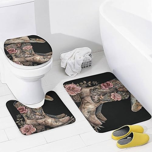 Miniatura 4 de Juego de 4 cortinas de ducha con gorro de bota con alfombras, cubierta para tapa de inodoro y tapete de baño, diseño de vaquero occidental