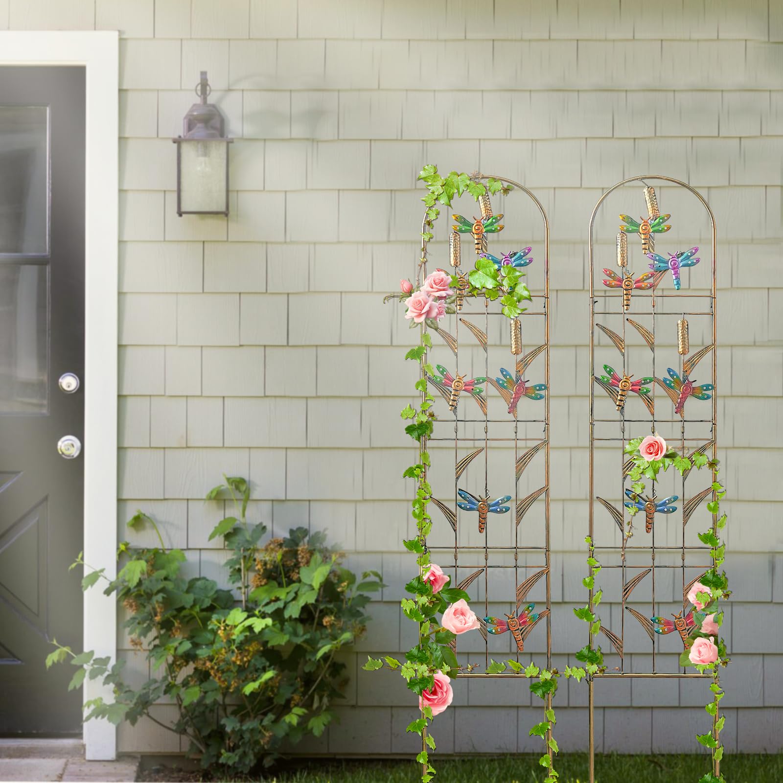 aboxoo Set di 2 graticci da giardino in metallo a forma di libellula per piante rampicanti, fiori decorativi per esterni, per patio, giardino, prato, cortile, cortile, staffe da parete, 152 cm di