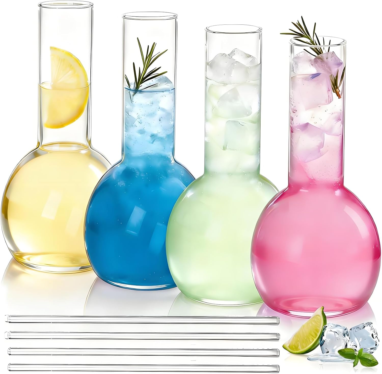 4 Pack Clear Creative Cocktail Glasses with 4 Straws, 15 Oz