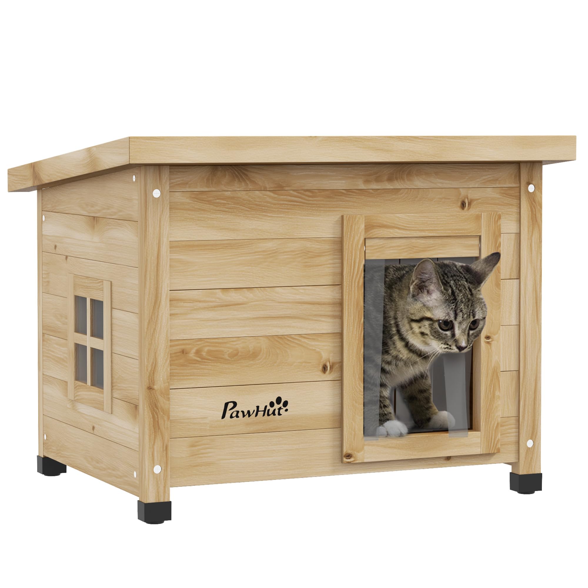 PawHut - Casa para gatos (madera elevada, con techo asfalto, puerta con cortina, ventana, 57 x 45 x 43 cm), color amarillo