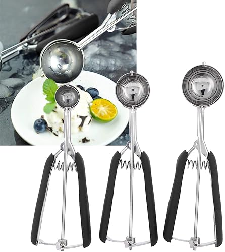 Juego de 3 cucharas para helado, juego de cucharas multifuncionales para galletas, de acero inoxidable, con liberación de gatillo para hornear,