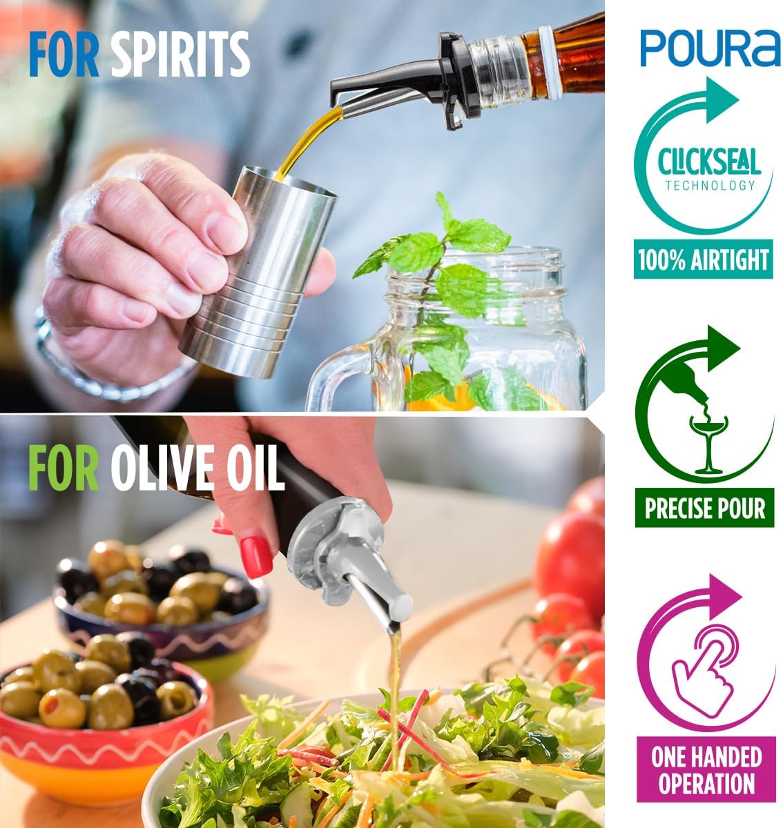 3-in-1 Liquor Pour spout with Built-in Fruit Fly Protection - BPA Free & Dishwasher Safe Hygienic Alcohol Speed Spouts - Also for Olive Oil, Juice, Syrup. Silver 2 Pack