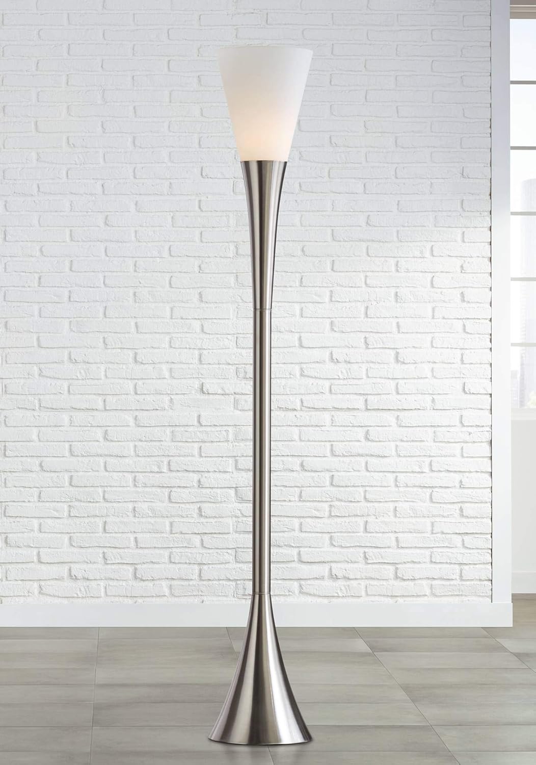 Possini Euro Design Piazza Modern Chic Torchiere Floor Lamp Standing 72 1/2" Tall Brushed Nickel Silver Flared Base Frosted White Glass Shade Decor for Living Room Reading House Bedroom Office