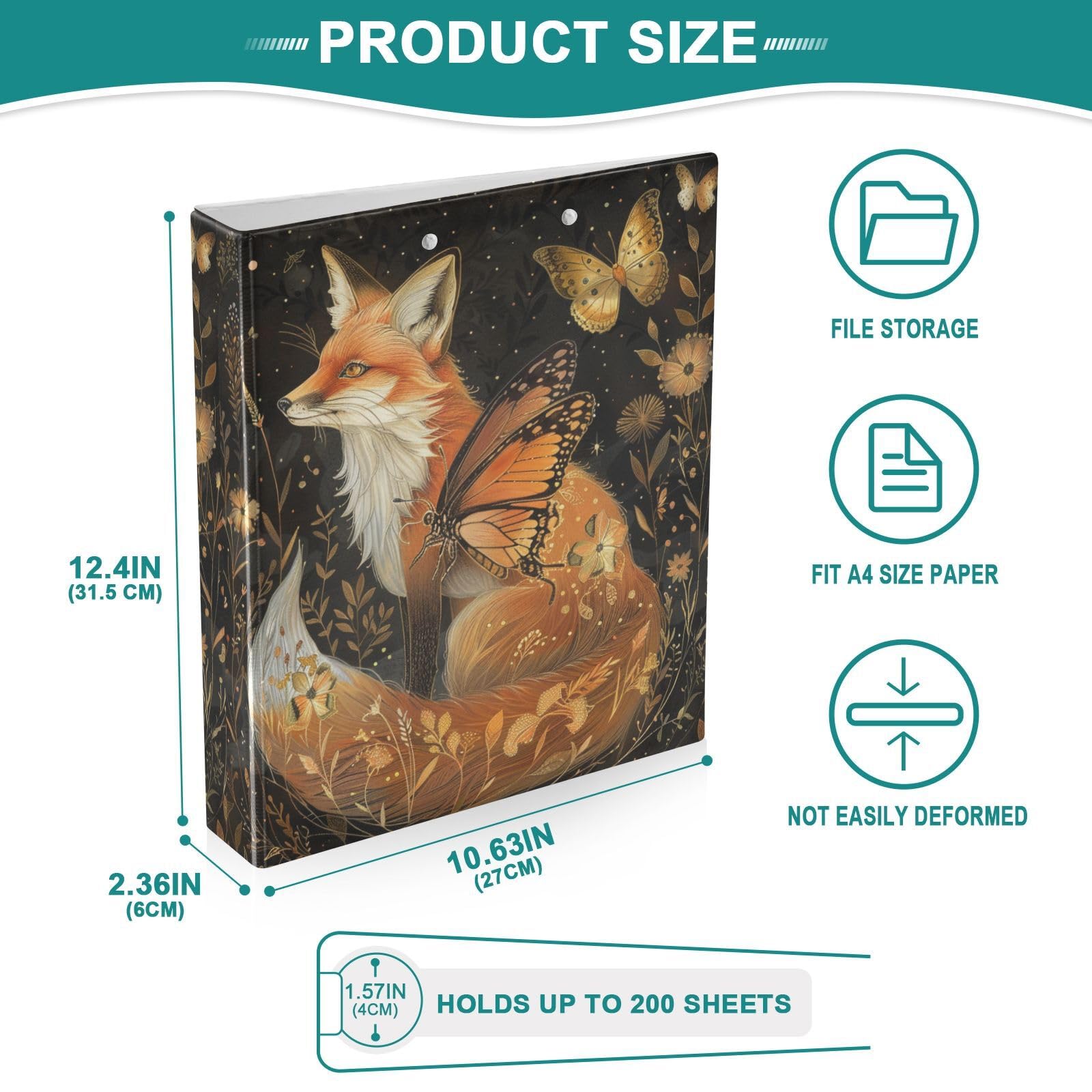 ALAZA Beautiful Fox Butterfly - Raccoglitore ad anelli con 3 anelli rotondi da 3,8 cm, con portablocco, con 3 tasche interne trasparenti, per casa, ufficio, lavoro, confezione da 1