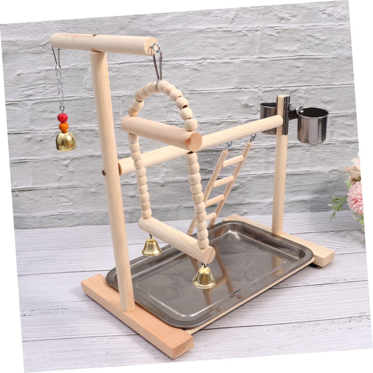 DOITOOL Puesto de Loros Madera Parque Infantil Columpio Escalera Juguete Colgante Acero Inoxidable Cuenco Bird Toys Columpio para Pájaros Colgante de Madera para Loros Juguetes para Pájaro
