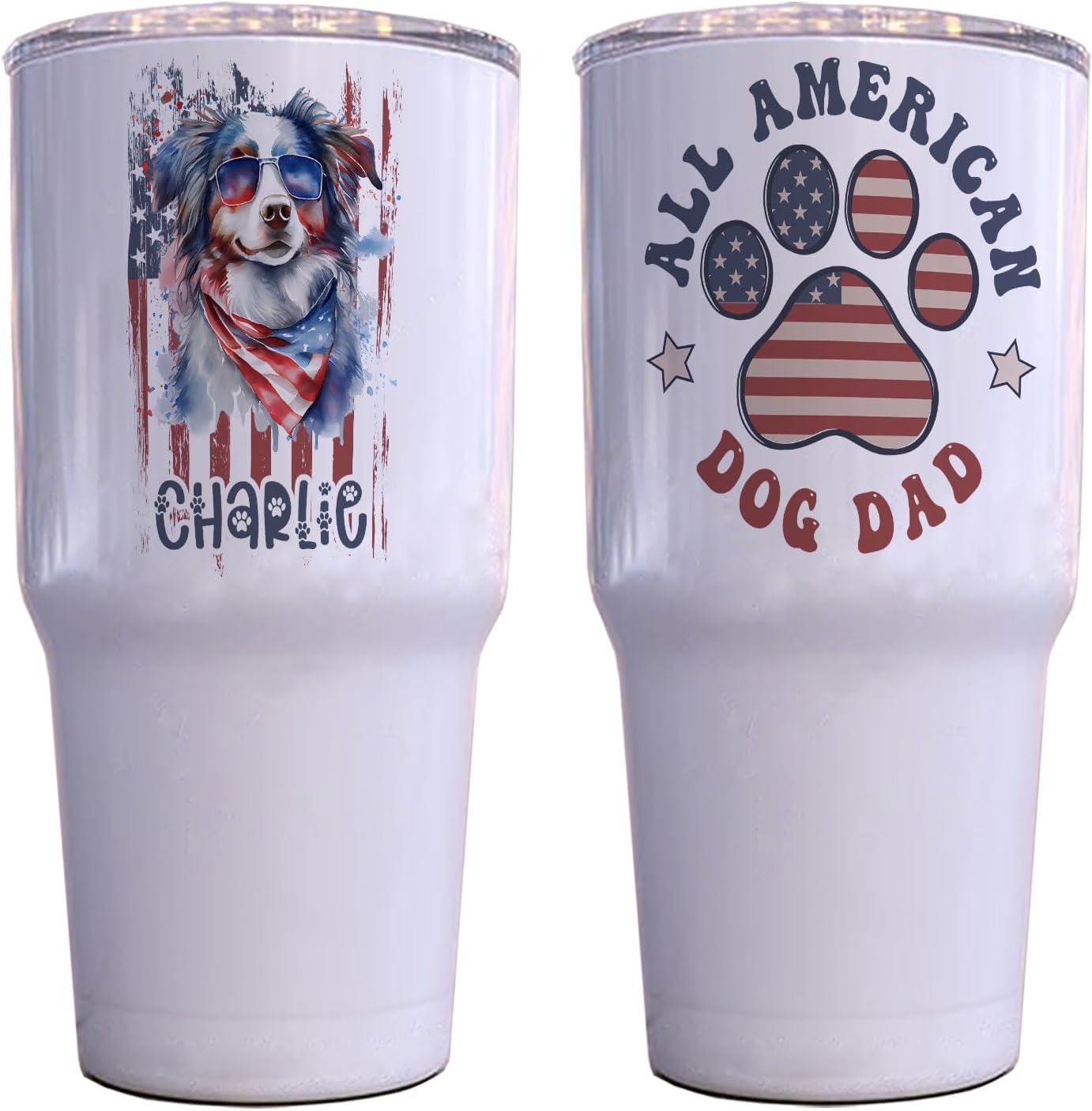 All American Australian Shepherd Dog Dad Patriotic 4th of July US Flag Insulated Tumbler Gift Custom Name Tumbler Insulated 30oz With Lid Gift