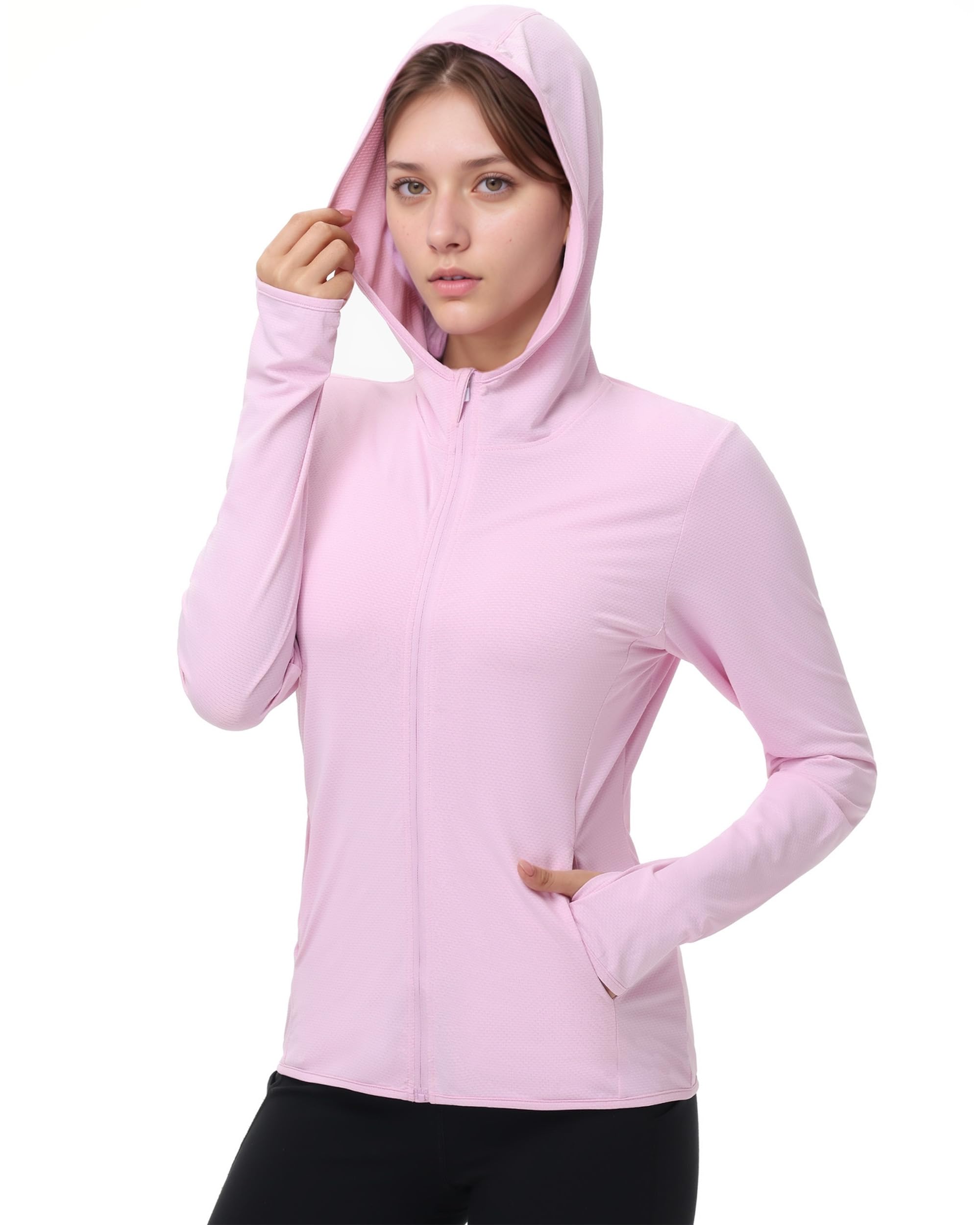 isnowood Women's UPF 50+ Sun Protection Rash Guard, UV SPF Long Sleeve Zip Hoodie Jacket, Lightweight Hiking Outdoor Shirts
