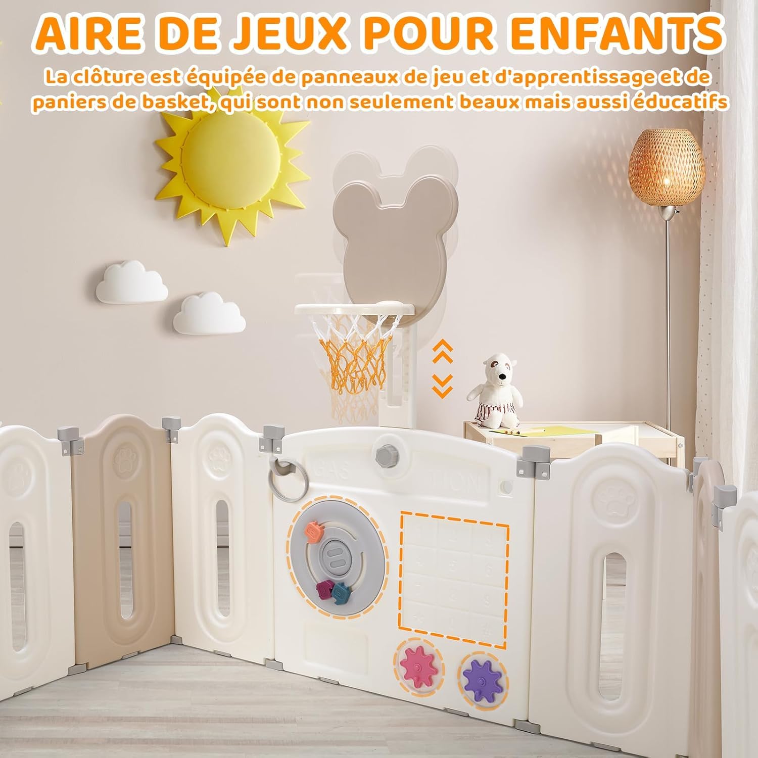 MAMIZO Parc Bebe Modulable, Forme Réglable, Matériau HDPE non Toxique | avec 12PCS Modules, Parc Bebe Pliable 143x143x64cm, Parcs pour Enfant, avec Panier de Basket, Basket-ball et Planche à Jouets