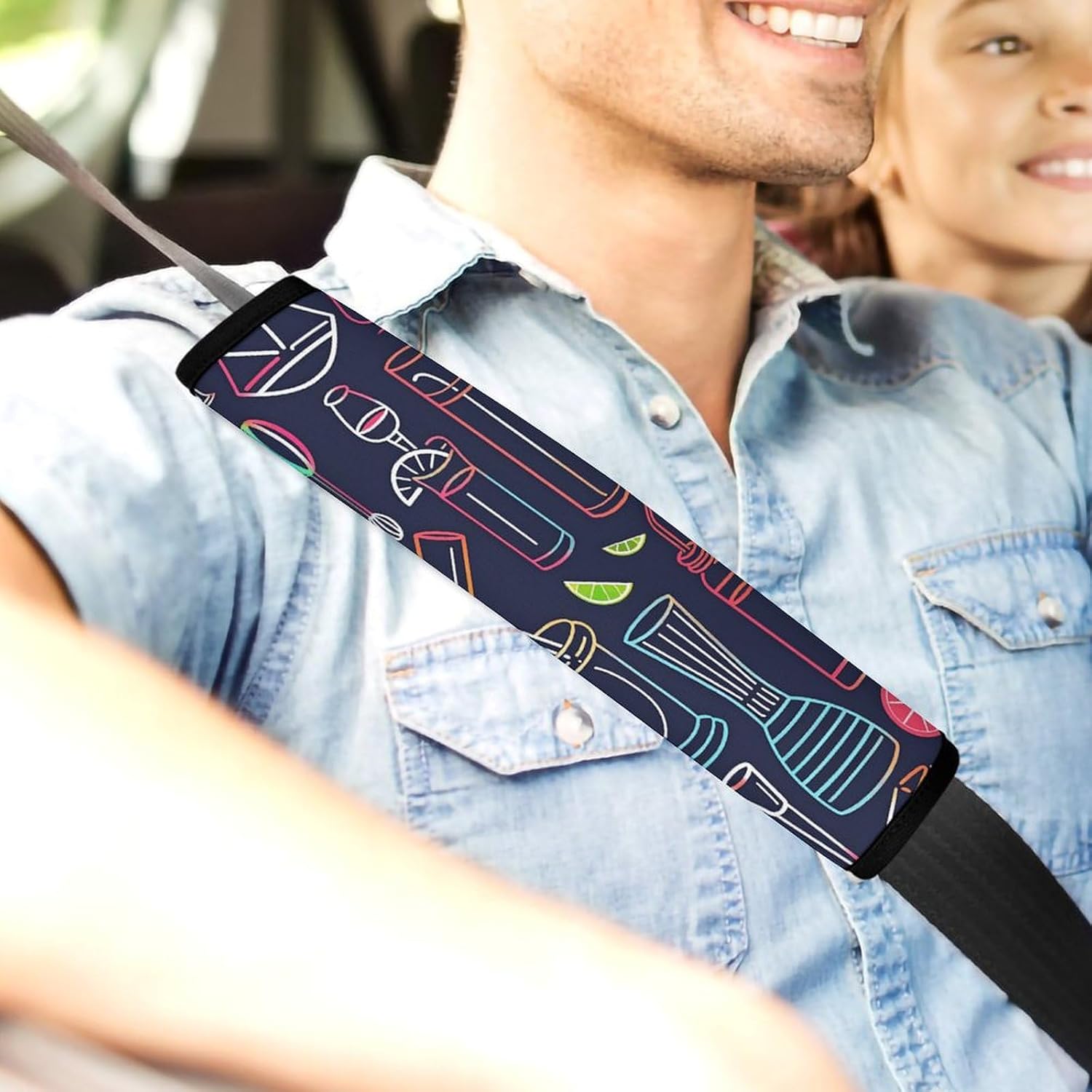 2 PCS Super Soft Car Seat Belt Pad, Cute Colorful Line Art Printed Waterproof Sweat-Absorbing Seat Belt Covers Backpack Shoulder Pad for All Car Seats Baby Strollers