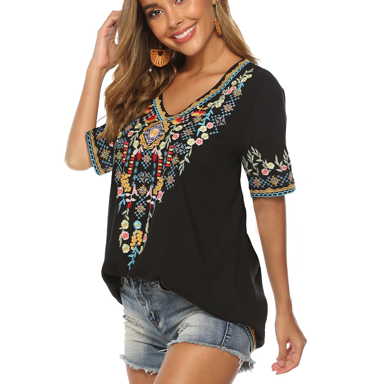 Draklook Donne Camicetta da Ricamo Bohemian Autunno Tunica Ricamo Folklore Tops Camicia Scollo a V Estate Tunica Camicette Boho Hippie Manica Corta Loose Top