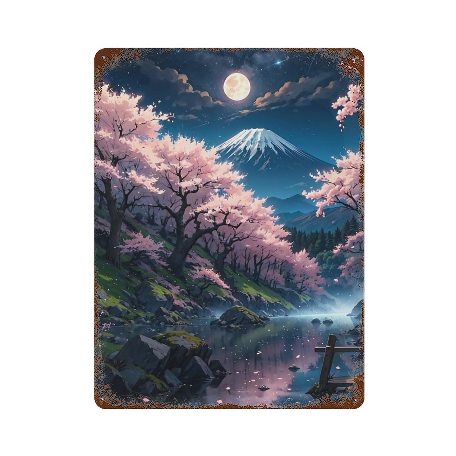 Aged Metal Wall Plaque with Cherry Blossom Japanese Design 15.7"x11.8", for Farmhouse, Kitchen And Entryway Decor, Retro Wall Decor