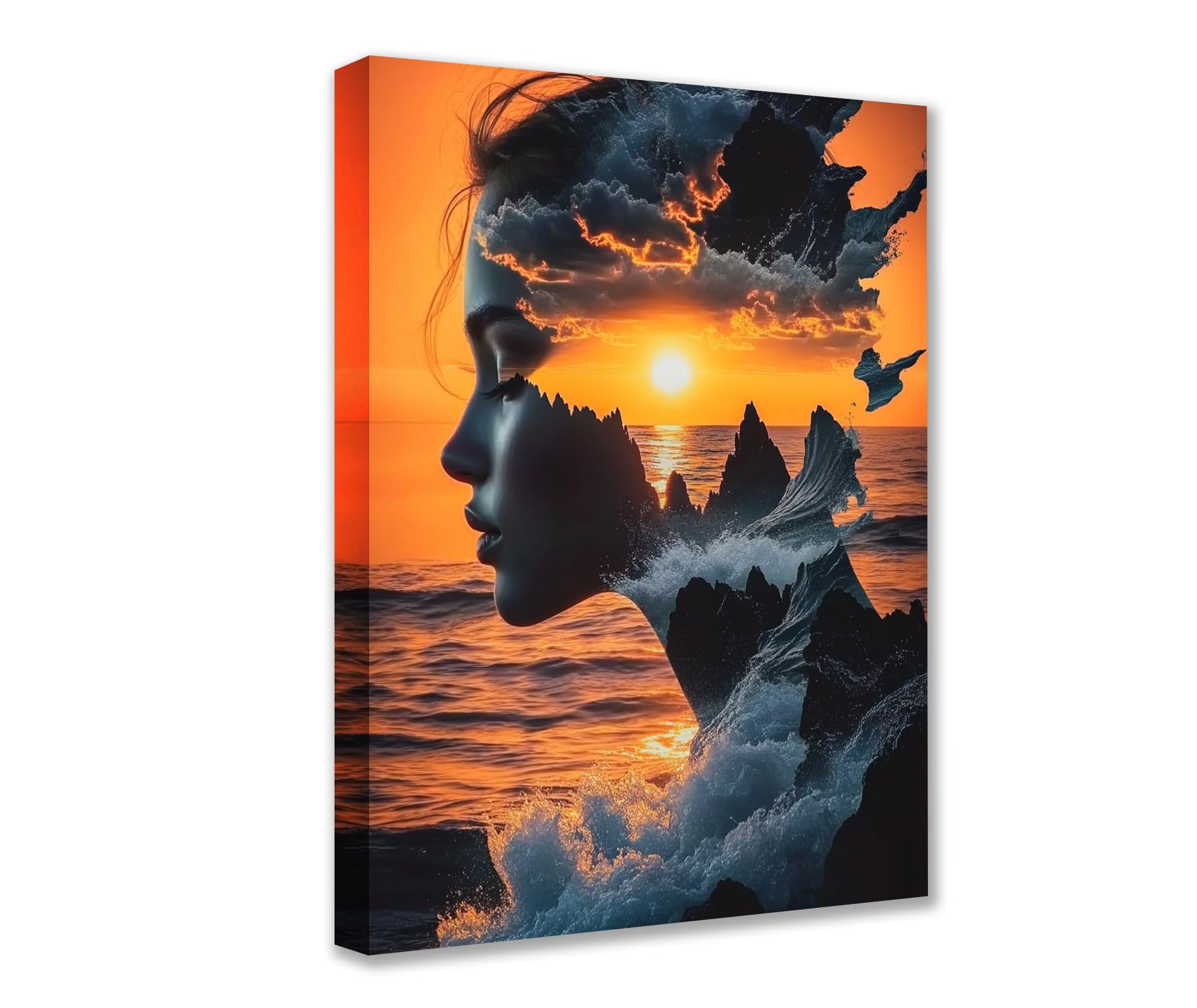 Woman Face Sunset Canvas Wall Art Sea Landscaping Posters Prints Portraits Sceneries 1P Special Modern Pictures Artwork for Living Room Bathroom Home Decor Framed Gallery-Wrapped Ready to Hang