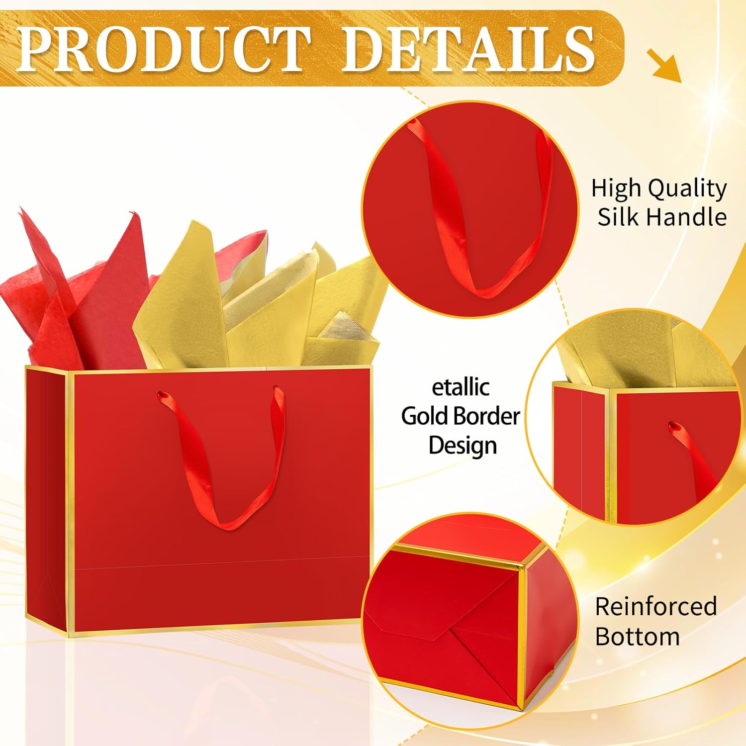 Epoesch 12 Pack Metallic Paper Gift Bags with Handles – Includes Tissue Paper – 11.8"x10"x4" – Elegant Personalized Gift Bags for Christmas Thanksgiving,Bridesmaids, Groomsmen, Guests (Red Gold) - Image 3