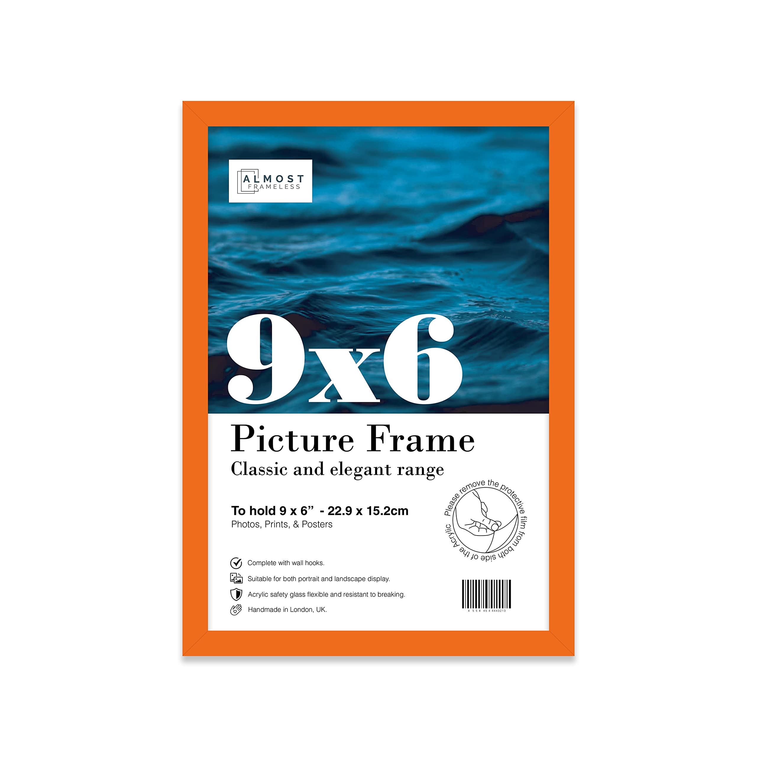 Almost Frameless 9x6 Orange Picture Frame 9"x6"(22.9x15.2cm) Poster, Photo, Artwork, or Print. Thin Edge Slim Frame Portrait and Landscape Display with Wall Hooks