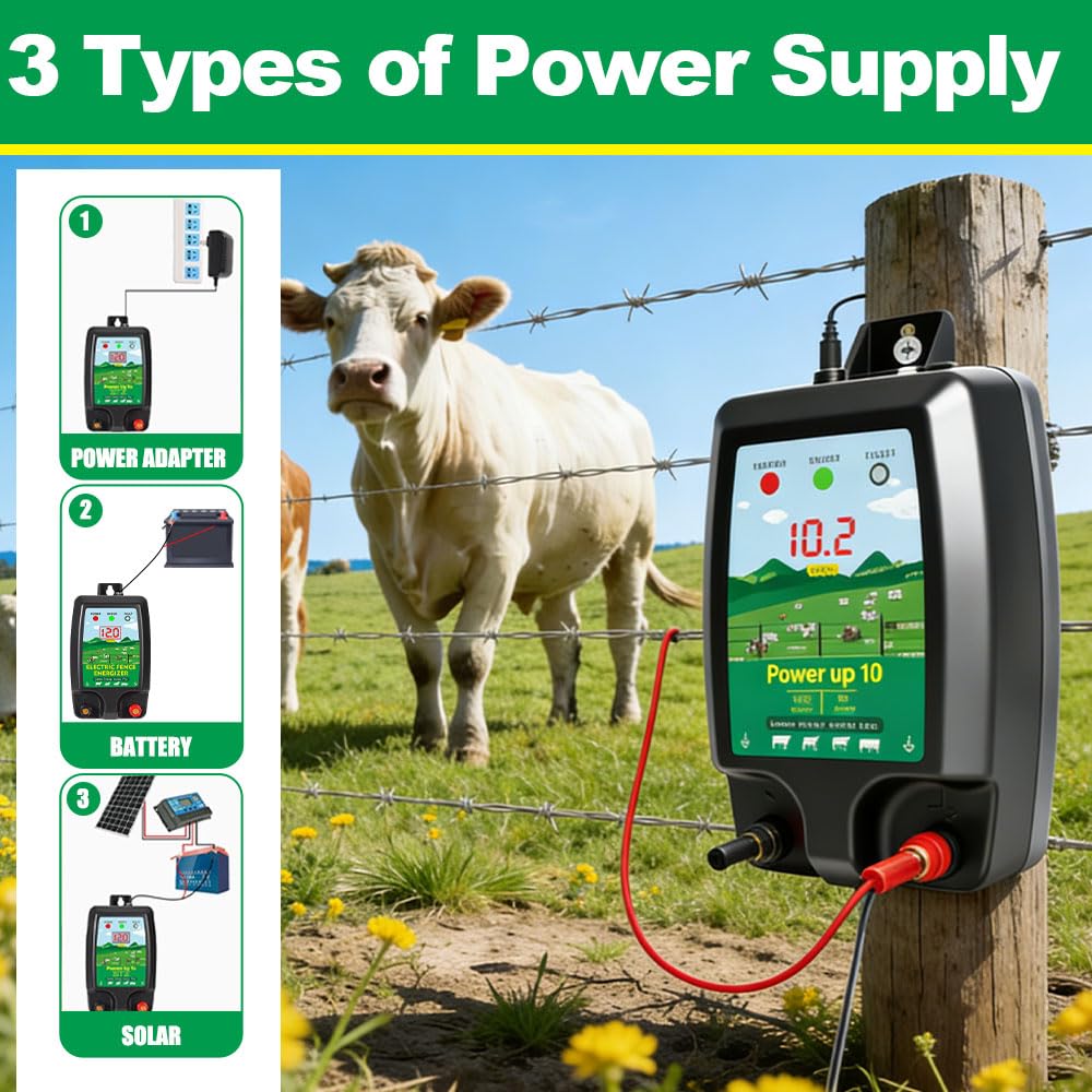 10KM Pastor Electrico, Cerca Eléctrica para Animales con Pantalla LCD, Pastor Electrico para Caballos, Ovejas, Ganado, Aves, Pastor, Protección Ideal para Pastos, Granjas y aves de Corral