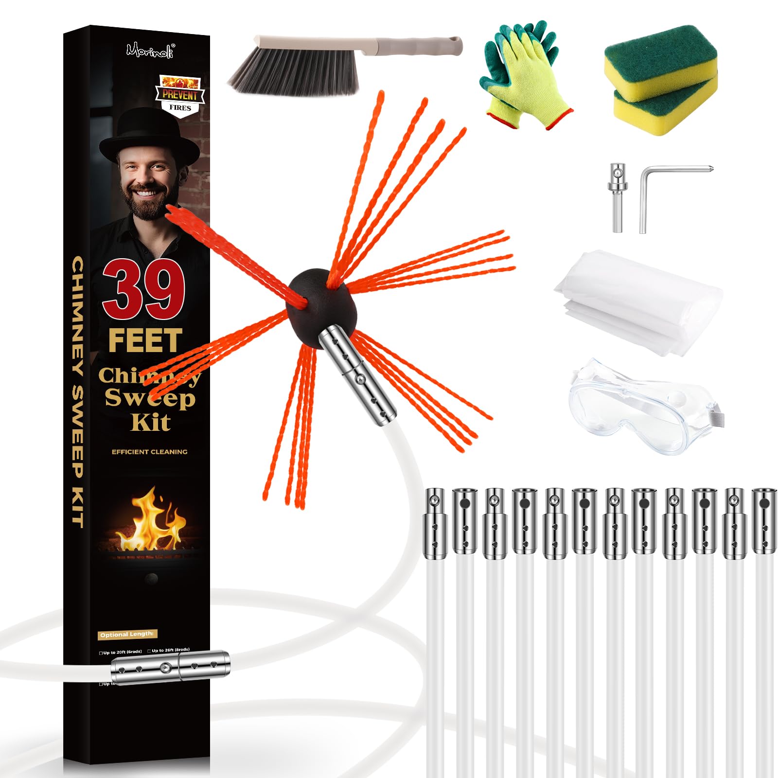 Kit de Barrido de Chimenea de 39 pies, Sistema de Bloqueo de botón Cromado, Kit de Limpieza de Chimenea, Cepillo de Chimenea, Herramienta de Limpieza de Chimenea, Sistema de Limpieza de